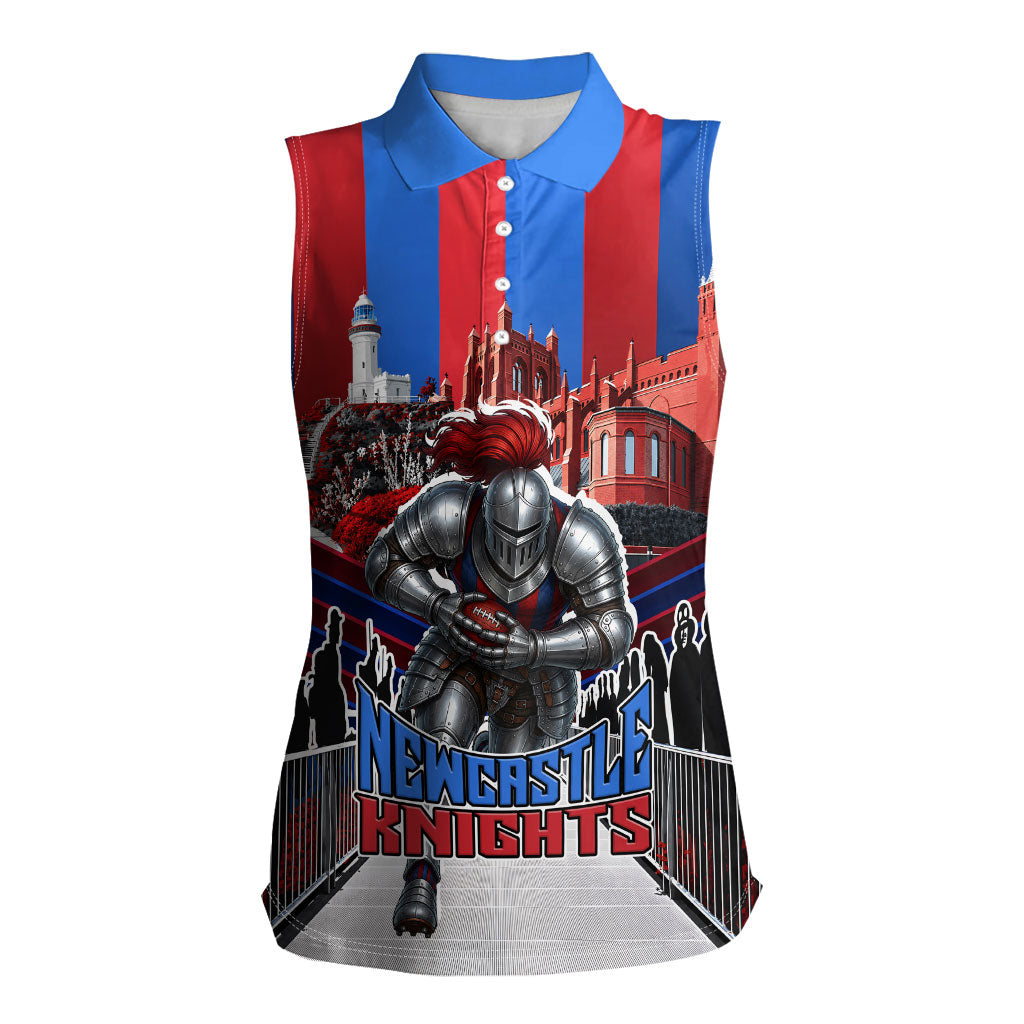 Personalised Newcastle Knights Rugby Women Sleeveless Polo Shirt Armored Knight Mascot City Landmark Graphic
