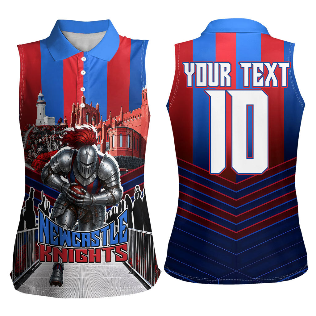 Personalised Newcastle Knights Rugby Women Sleeveless Polo Shirt Armored Knight Mascot City Landmark Graphic