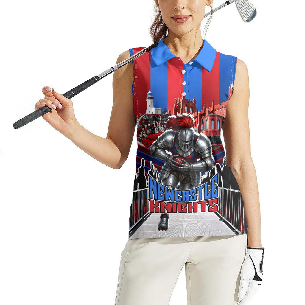 Personalised Newcastle Knights Rugby Women Sleeveless Polo Shirt Armored Knight Mascot City Landmark Graphic