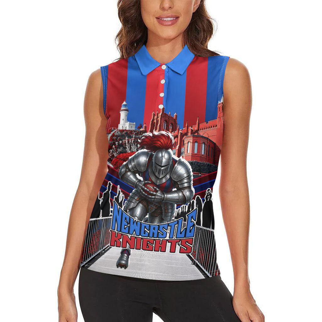 Personalised Newcastle Knights Rugby Women Sleeveless Polo Shirt Armored Knight Mascot City Landmark Graphic