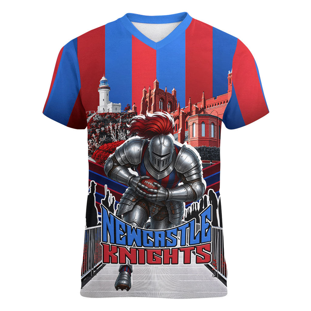 Personalised Newcastle Knights Rugby Women V-Neck T-Shirt Armored Knight Mascot City Landmark Graphic