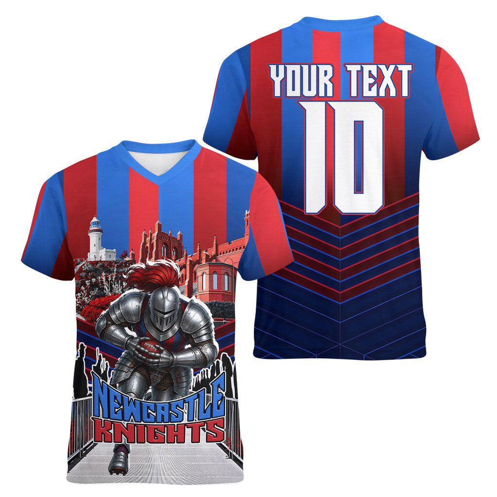 Personalised Newcastle Knights Rugby Women V-Neck T-Shirt Armored Knight Mascot City Landmark Graphic