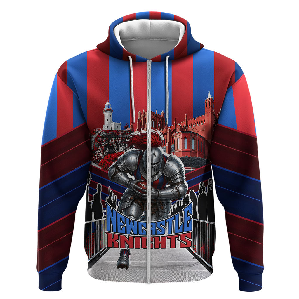 Personalised Newcastle Knights Rugby Zip Hoodie Armored Knight Mascot City Landmark Graphic