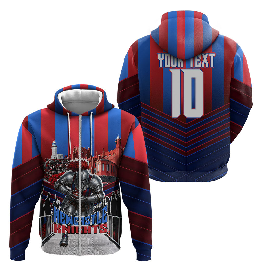 Personalised Newcastle Knights Rugby Zip Hoodie Armored Knight Mascot City Landmark Graphic