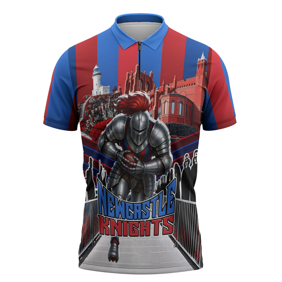 Personalised Newcastle Knights Rugby Zipper Polo Shirt Armored Knight Mascot City Landmark Graphic