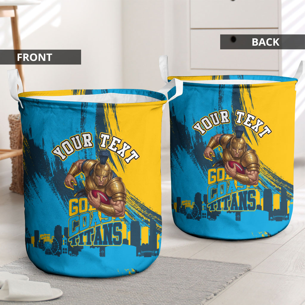 Personalised Gold Coast Titans Rugby Laundry Basket Muscular Titan Mascot City Skyline Graphic
