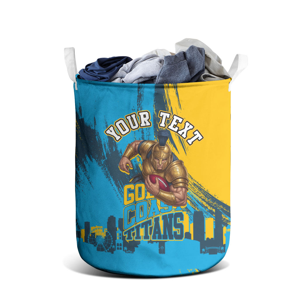 Personalised Gold Coast Titans Rugby Laundry Basket Muscular Titan Mascot City Skyline Graphic