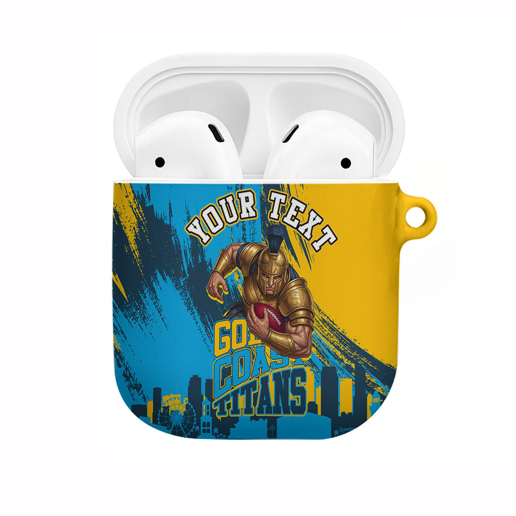 Personalised Gold Coast Titans Rugby AirPods Case Muscular Titan Mascot City Skyline Graphic