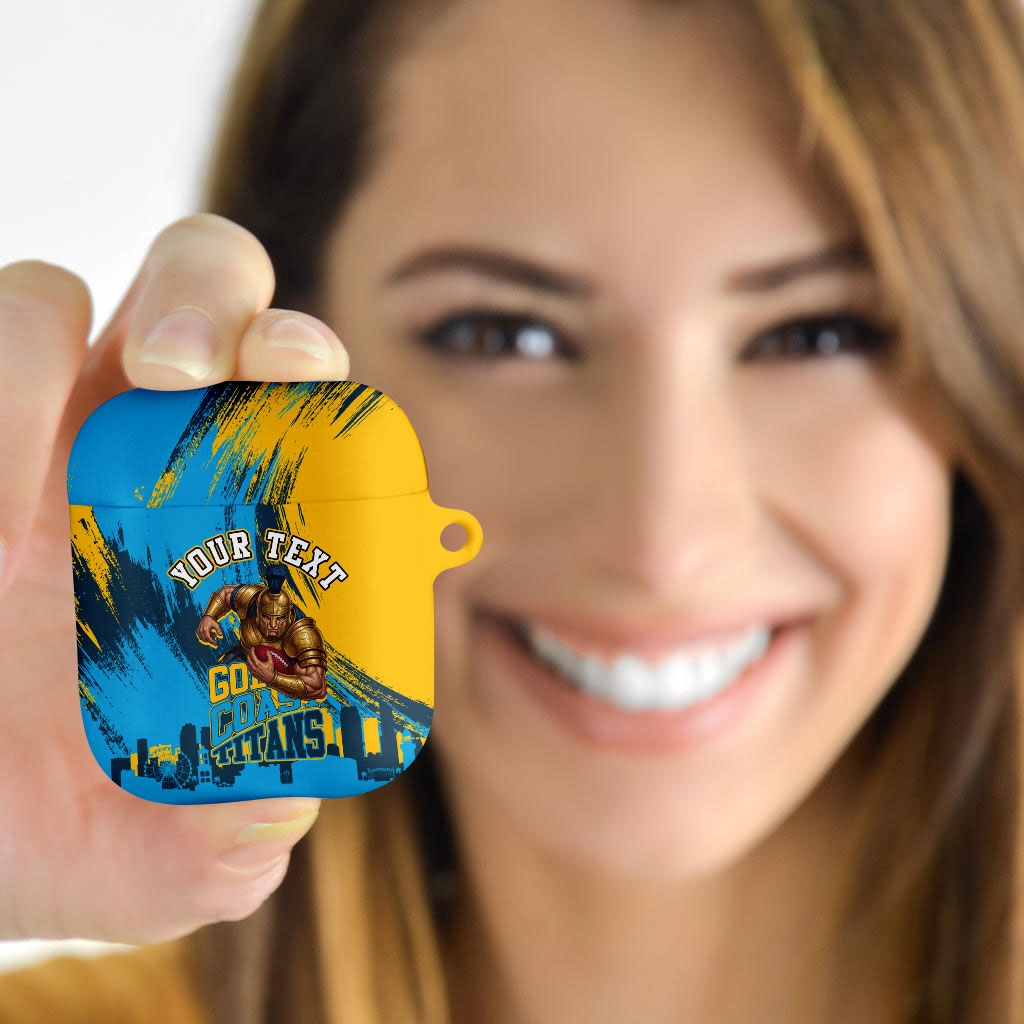 Personalised Gold Coast Titans Rugby AirPods Case Muscular Titan Mascot City Skyline Graphic