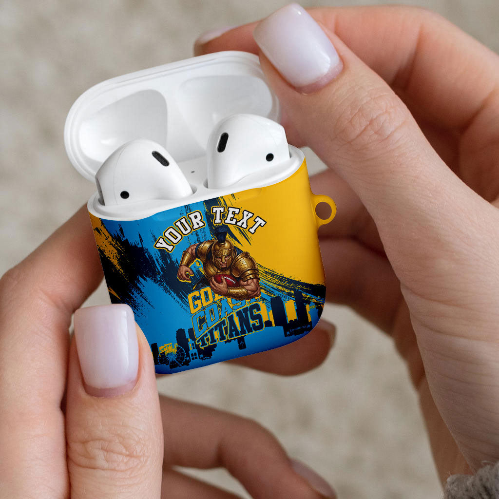 Personalised Gold Coast Titans Rugby AirPods Case Muscular Titan Mascot City Skyline Graphic