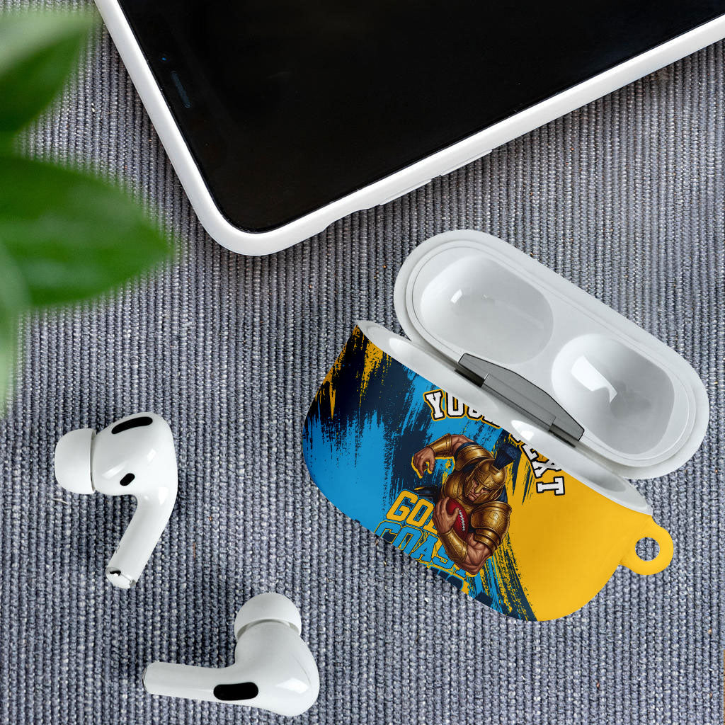 Personalised Gold Coast Titans Rugby AirPods Case Muscular Titan Mascot City Skyline Graphic