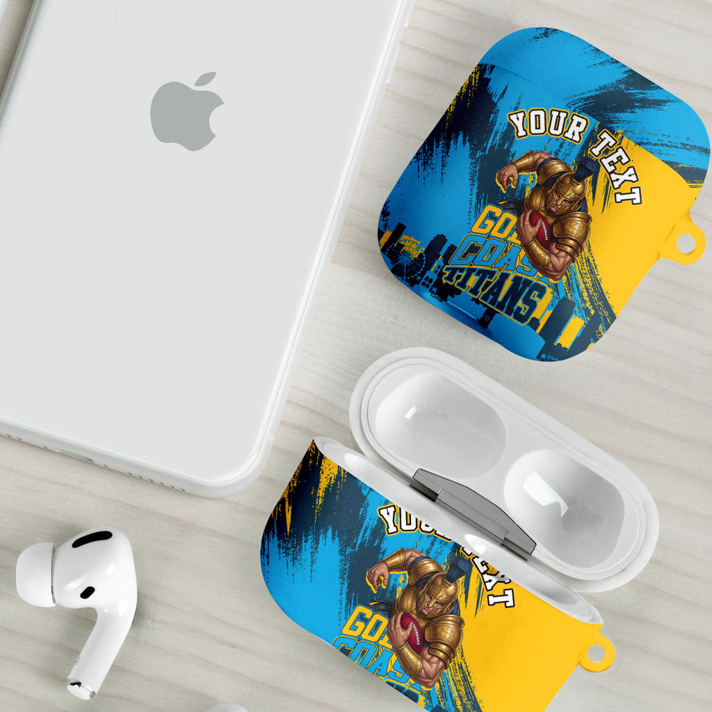 Personalised Gold Coast Titans Rugby AirPods Case Muscular Titan Mascot City Skyline Graphic