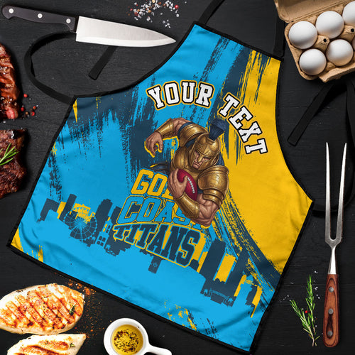 Personalised Gold Coast Titans Rugby Apron Muscular Titan Mascot City Skyline Graphic