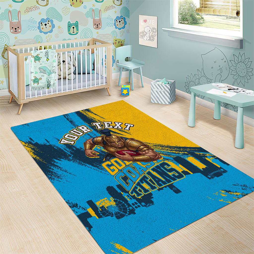 Personalised Gold Coast Titans Rugby Area Rug Muscular Titan Mascot City Skyline Graphic
