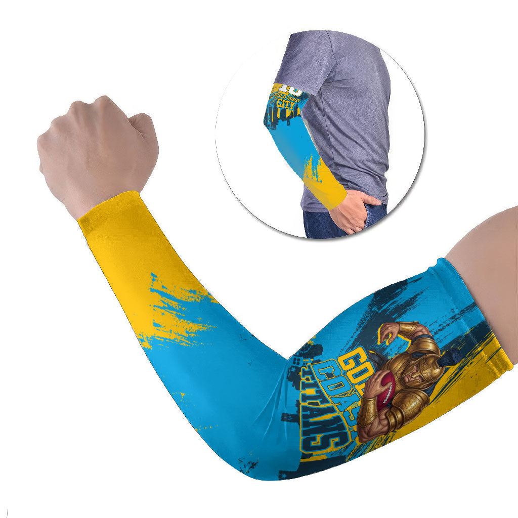 Personalised Gold Coast Titans Rugby Arm Sleeves Muscular Titan Mascot City Skyline Graphic