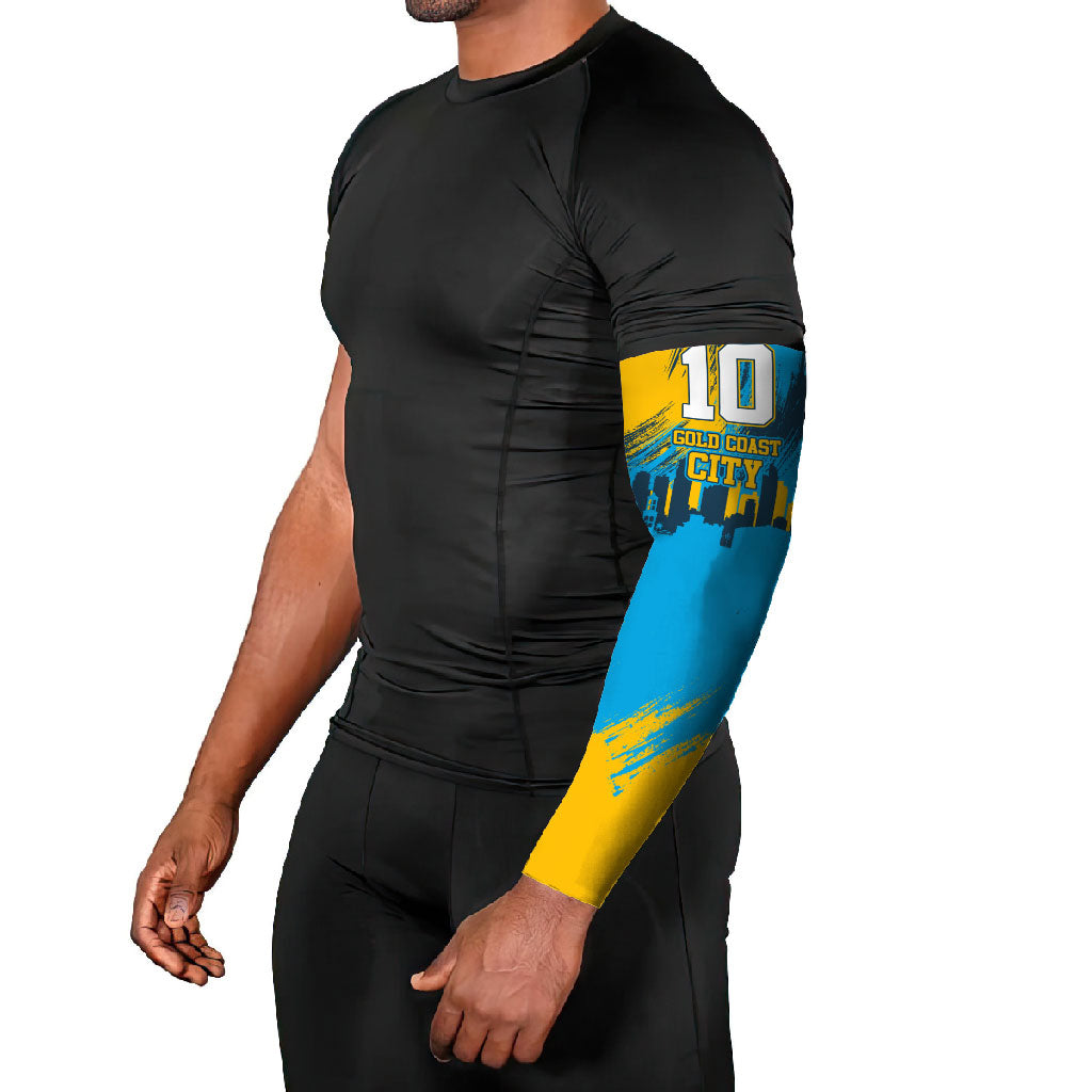Personalised Gold Coast Titans Rugby Arm Sleeves Muscular Titan Mascot City Skyline Graphic