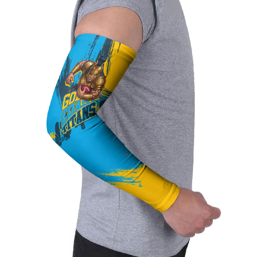 Personalised Gold Coast Titans Rugby Arm Sleeves Muscular Titan Mascot City Skyline Graphic