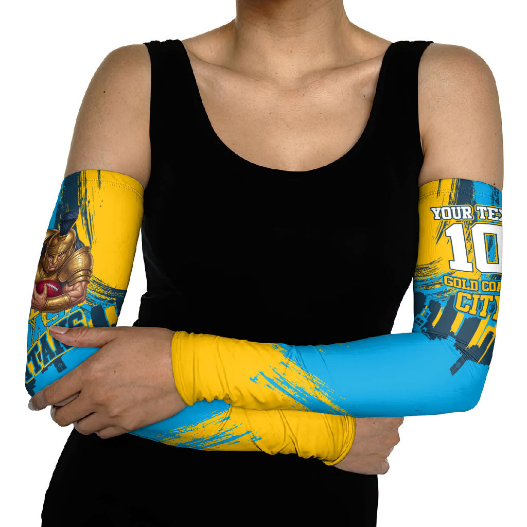 Personalised Gold Coast Titans Rugby Arm Sleeves Muscular Titan Mascot City Skyline Graphic