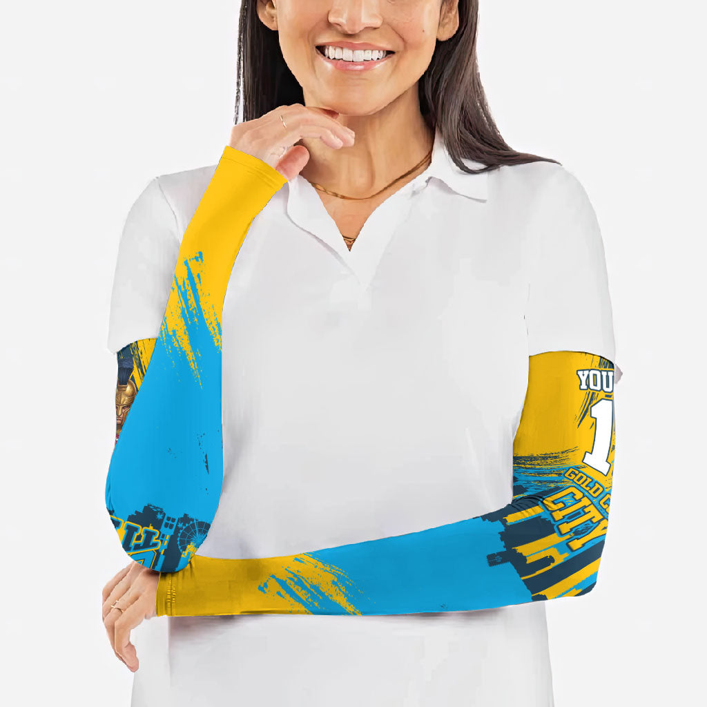 Personalised Gold Coast Titans Rugby Arm Sleeves Muscular Titan Mascot City Skyline Graphic