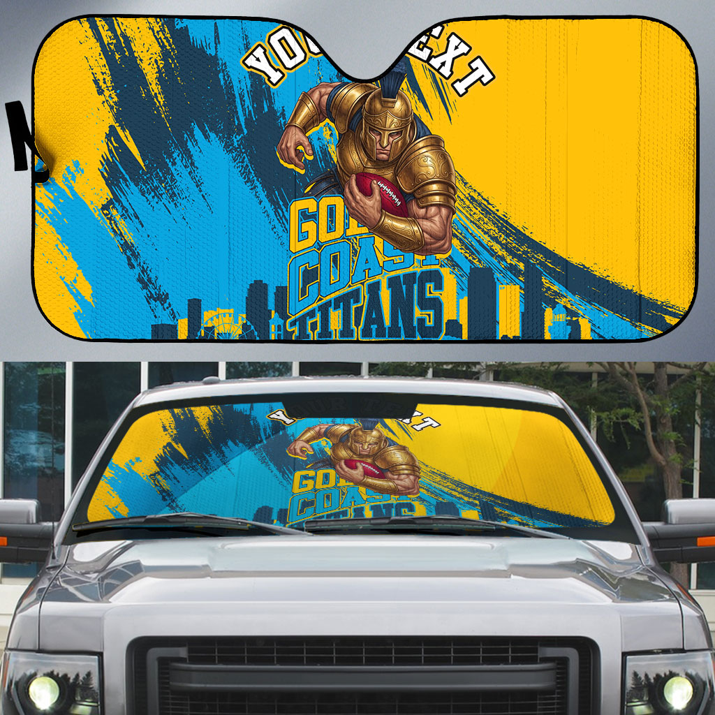 Personalised Gold Coast Titans Rugby Auto Sun Shade Muscular Titan Mascot City Skyline Graphic