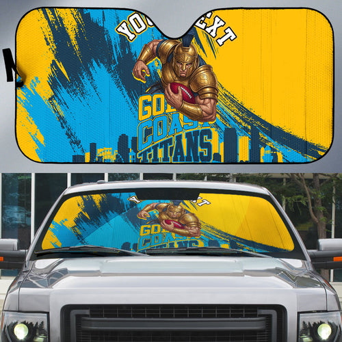 Personalised Gold Coast Titans Rugby Auto Sun Shade Muscular Titan Mascot City Skyline Graphic