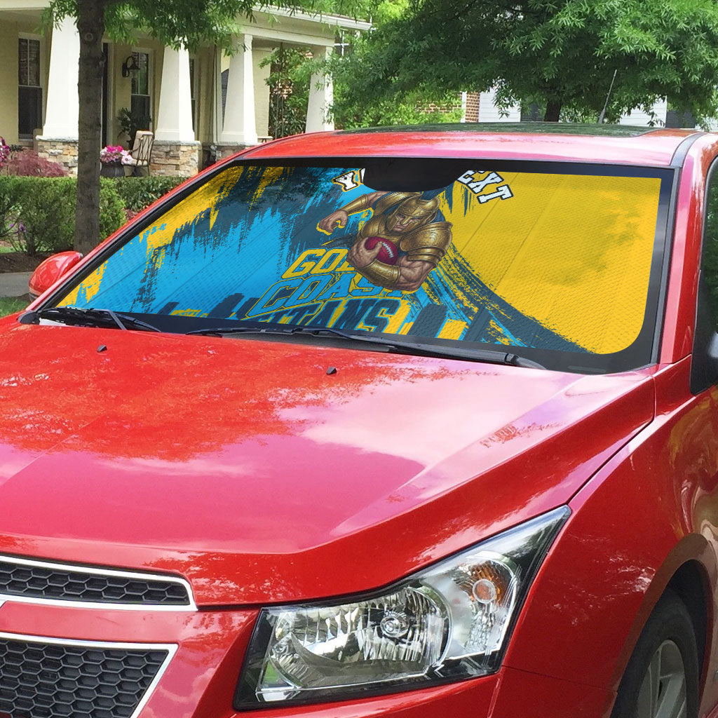 Personalised Gold Coast Titans Rugby Auto Sun Shade Muscular Titan Mascot City Skyline Graphic