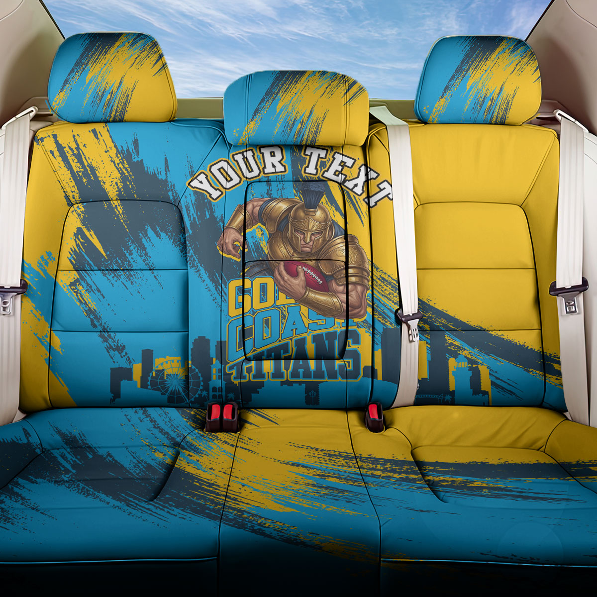 Personalised Gold Coast Titans Rugby Back Car Seat Cover Muscular Titan Mascot City Skyline Graphic