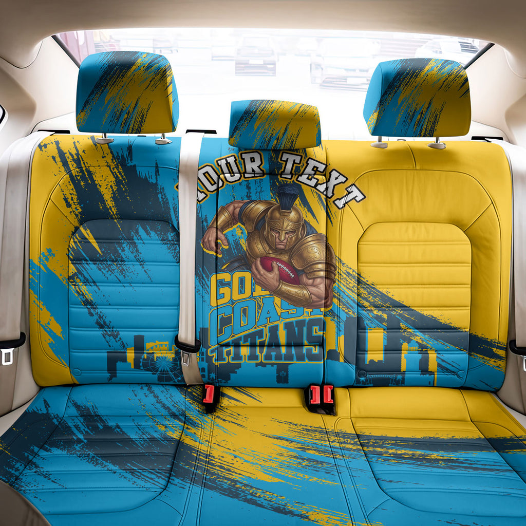 Personalised Gold Coast Titans Rugby Back Car Seat Cover Muscular Titan Mascot City Skyline Graphic