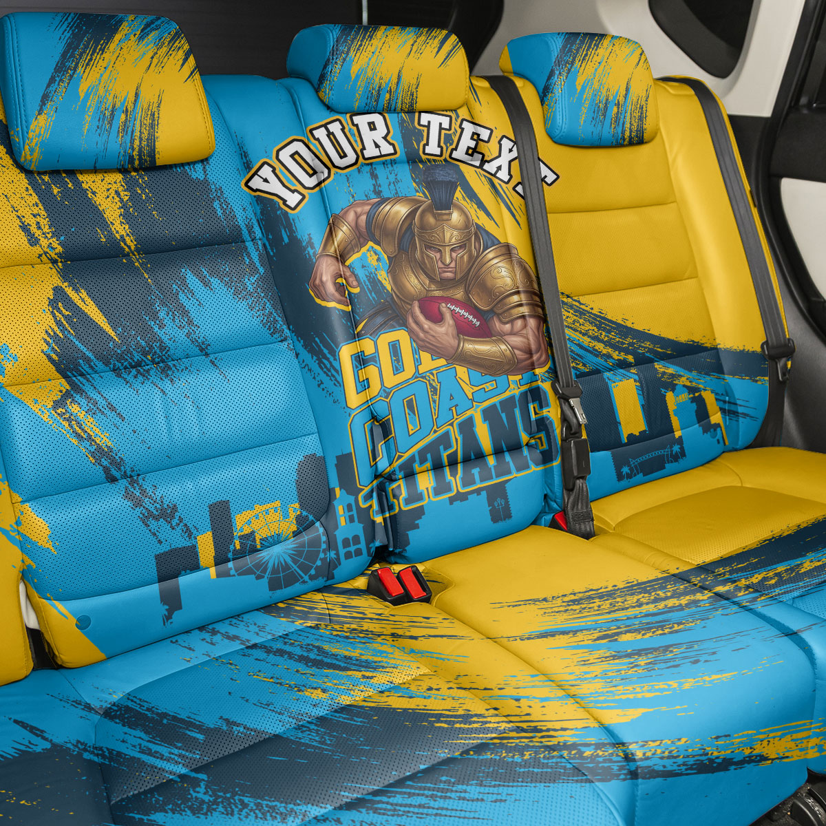 Personalised Gold Coast Titans Rugby Back Car Seat Cover Muscular Titan Mascot City Skyline Graphic