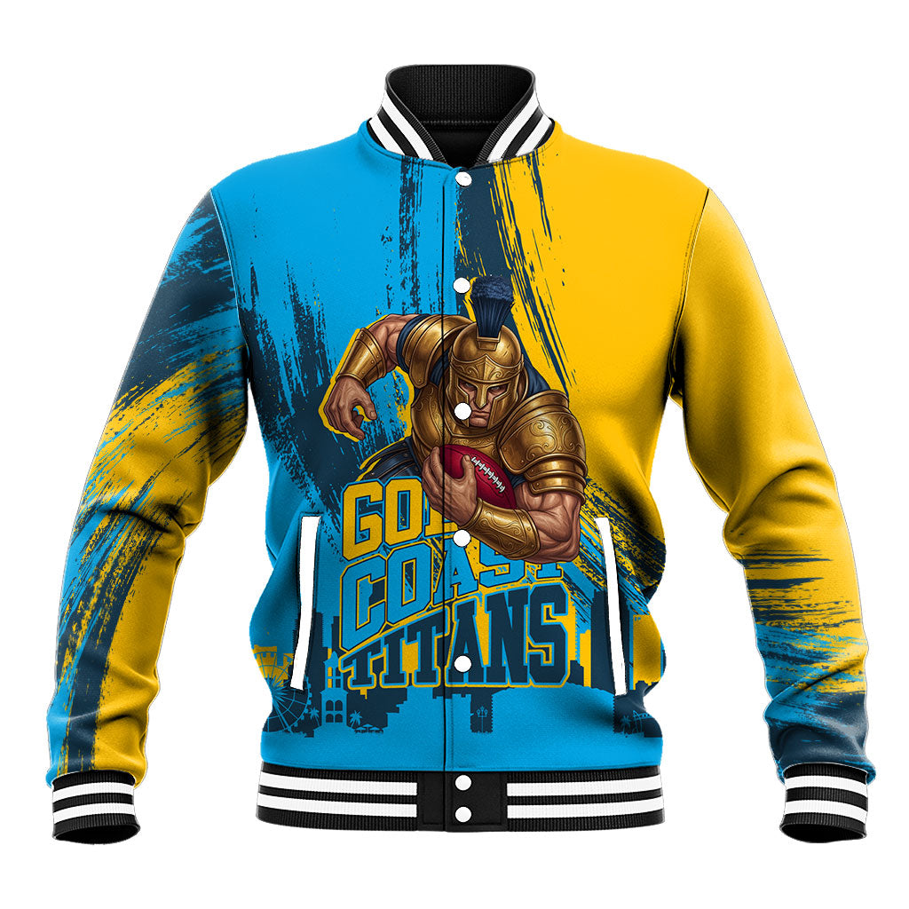 Personalised Gold Coast Titans Rugby Baseball Jacket Muscular Titan Mascot City Skyline Graphic