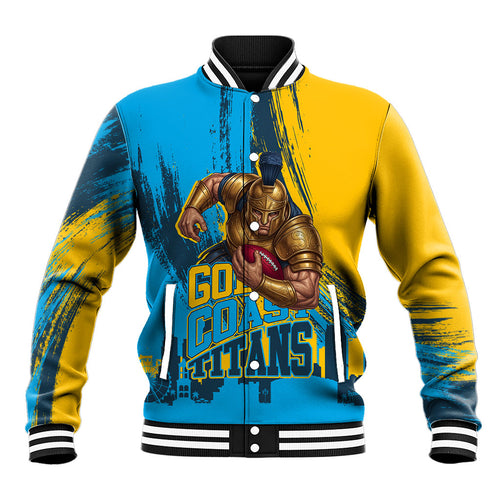 Personalised Gold Coast Titans Rugby Baseball Jacket Muscular Titan Mascot City Skyline Graphic