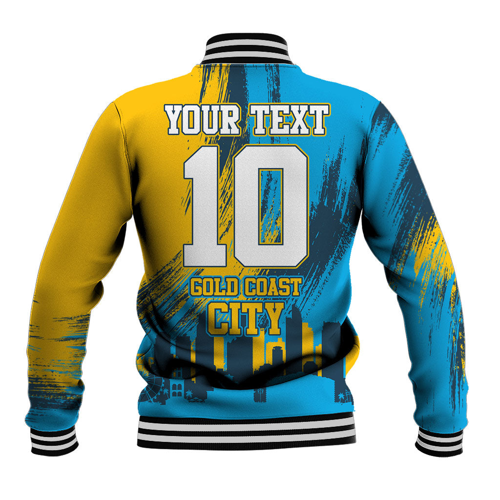 Personalised Gold Coast Titans Rugby Baseball Jacket Muscular Titan Mascot City Skyline Graphic
