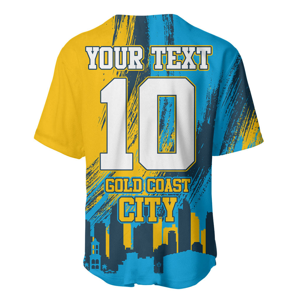 Personalised Gold Coast Titans Rugby Baseball Jersey Muscular Titan Mascot City Skyline Graphic
