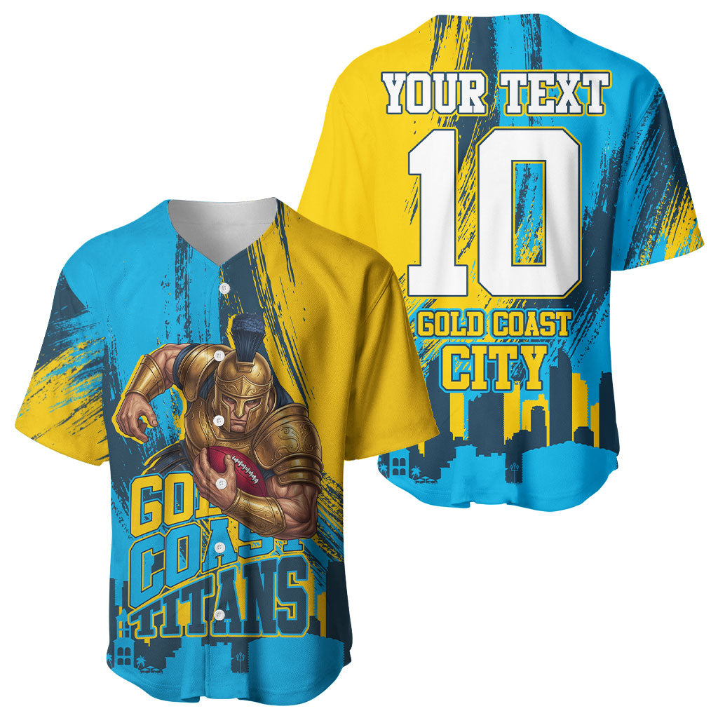 Personalised Gold Coast Titans Rugby Baseball Jersey Muscular Titan Mascot City Skyline Graphic