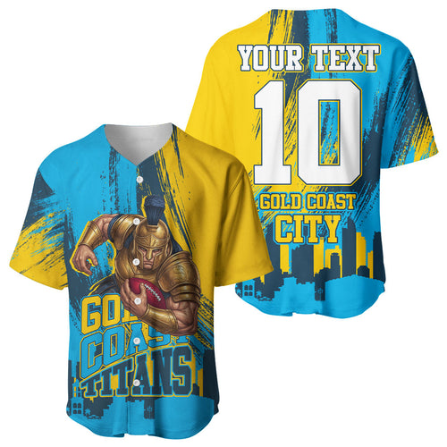 Personalised Gold Coast Titans Rugby Baseball Jersey Muscular Titan Mascot City Skyline Graphic