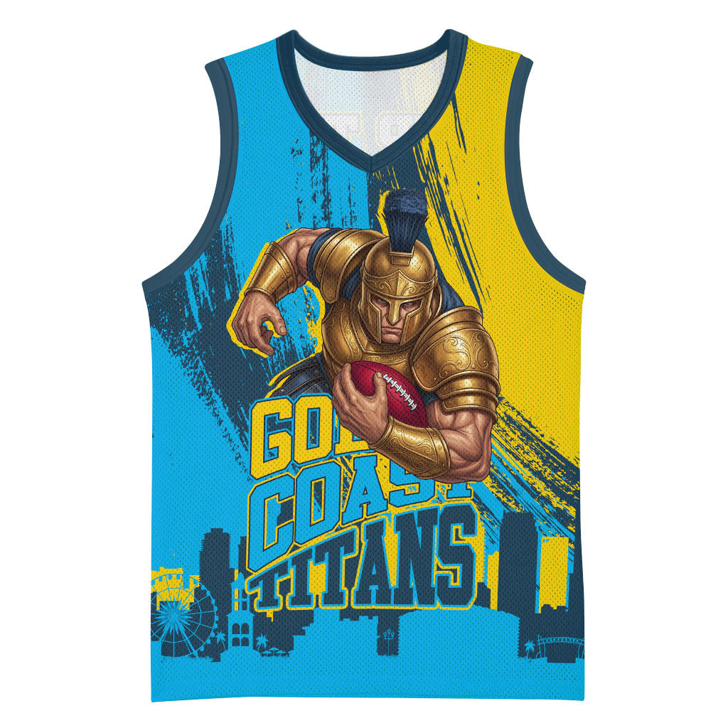 Personalised Gold Coast Titans Rugby Basketball Jersey Muscular Titan Mascot City Skyline Graphic