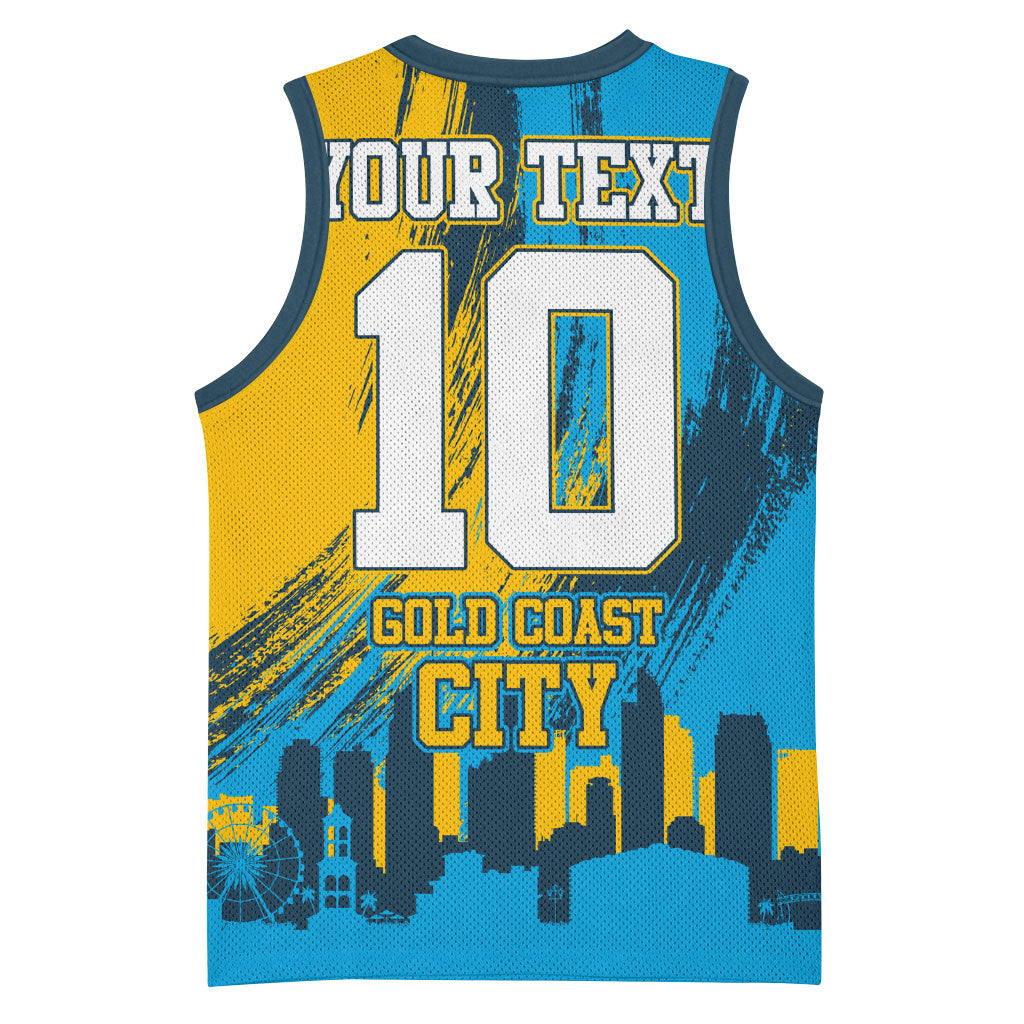 Personalised Gold Coast Titans Rugby Basketball Jersey Muscular Titan Mascot City Skyline Graphic