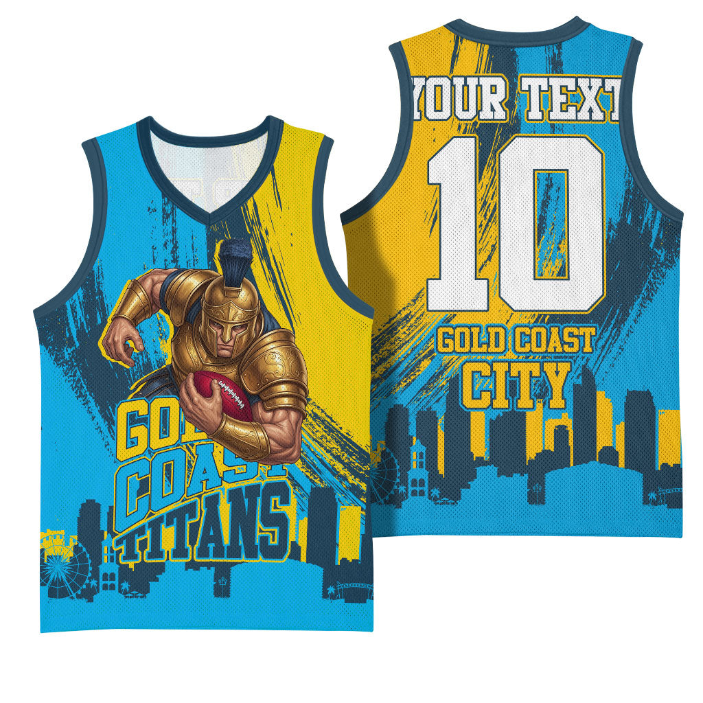 Personalised Gold Coast Titans Rugby Basketball Jersey Muscular Titan Mascot City Skyline Graphic