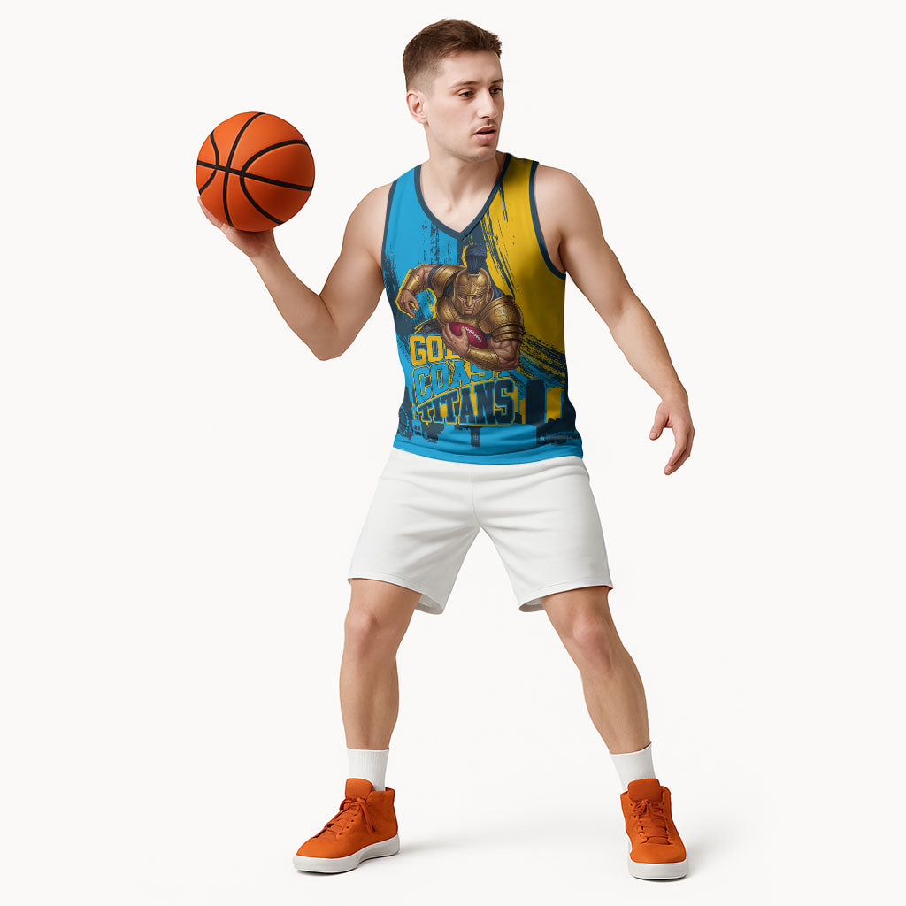 Personalised Gold Coast Titans Rugby Basketball Jersey Muscular Titan Mascot City Skyline Graphic