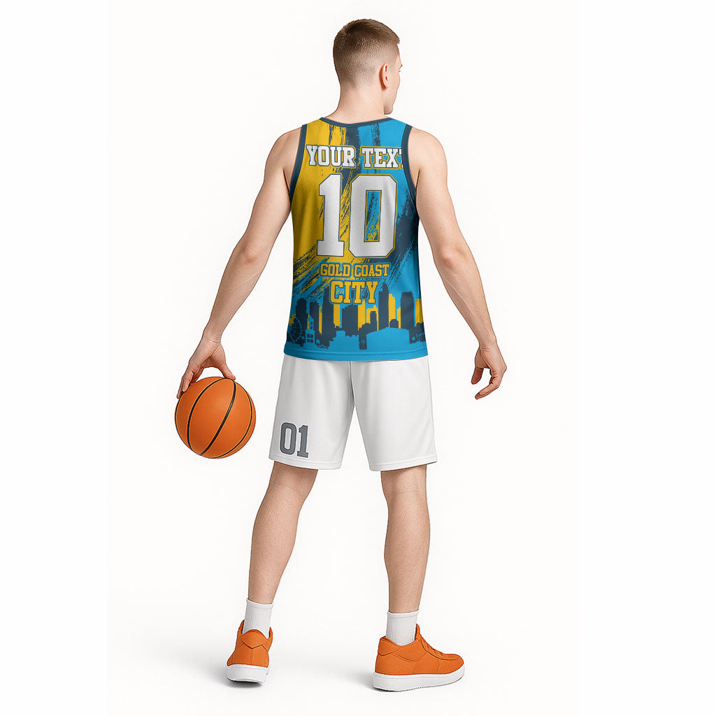 Personalised Gold Coast Titans Rugby Basketball Jersey Muscular Titan Mascot City Skyline Graphic