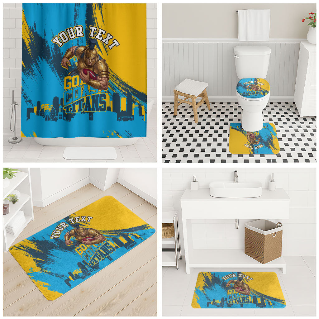 Personalised Gold Coast Titans Rugby Bathroom Set Muscular Titan Mascot City Skyline Graphic