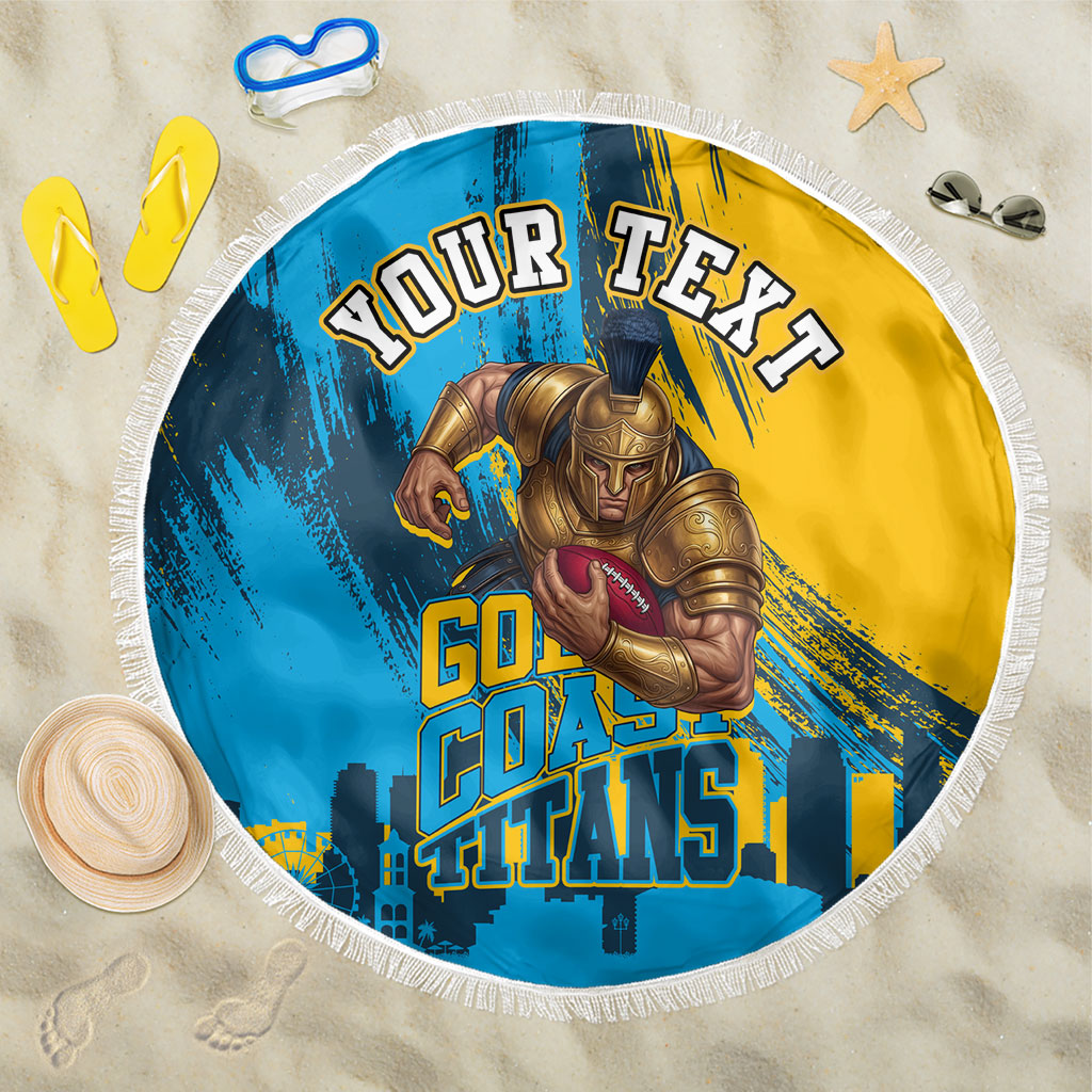 Personalised Gold Coast Titans Rugby Beach Blanket Muscular Titan Mascot City Skyline Graphic