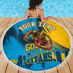 Personalised Gold Coast Titans Rugby Beach Blanket Muscular Titan Mascot City Skyline Graphic
