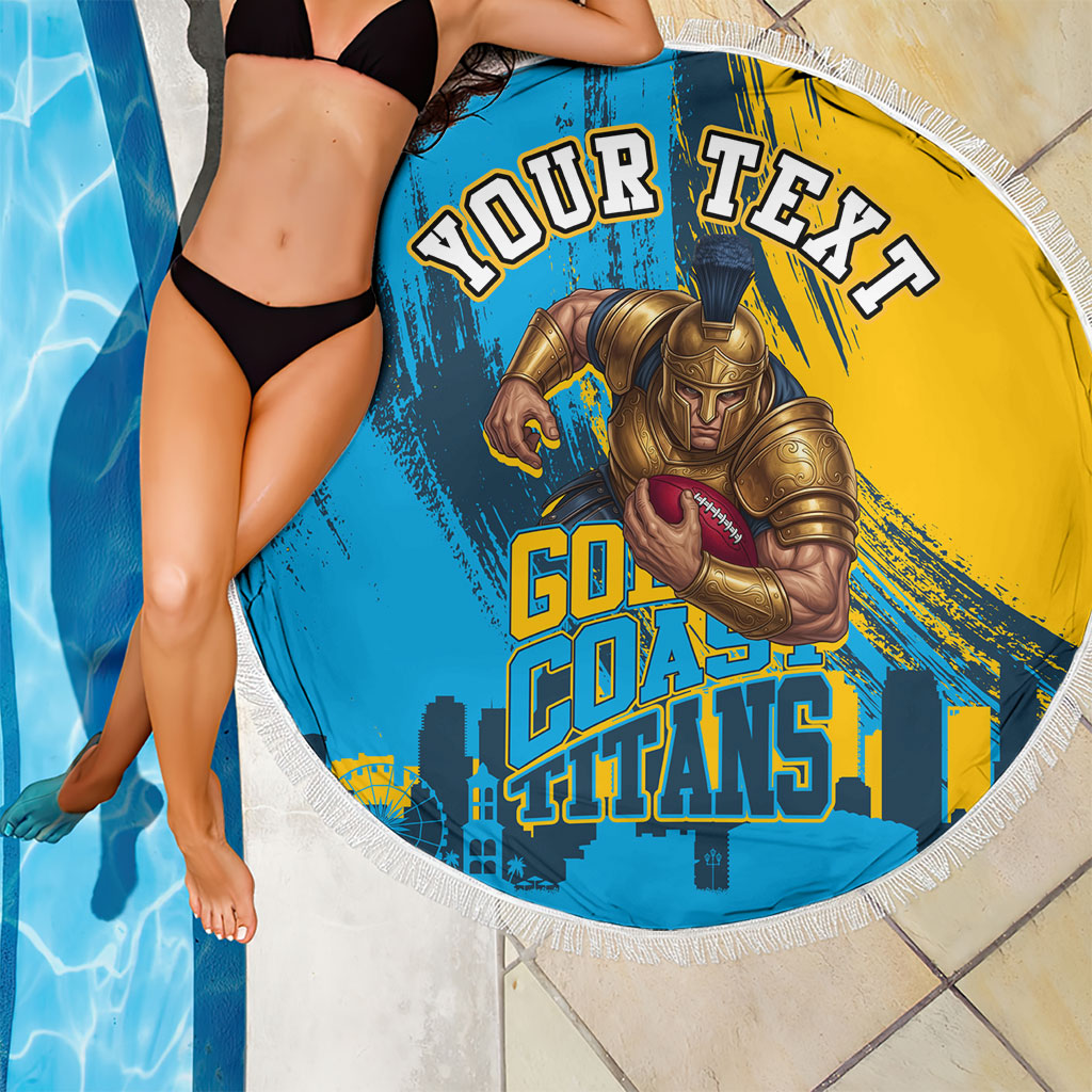 Personalised Gold Coast Titans Rugby Beach Blanket Muscular Titan Mascot City Skyline Graphic