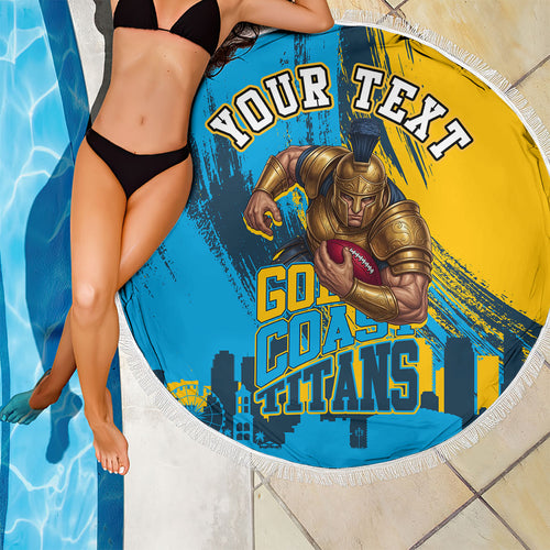 Personalised Gold Coast Titans Rugby Beach Blanket Muscular Titan Mascot City Skyline Graphic