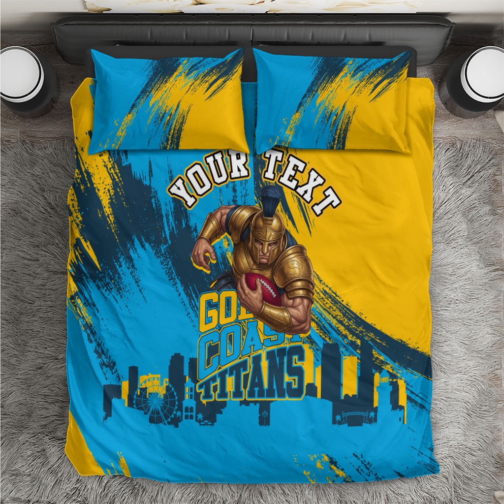 Personalised Gold Coast Titans Rugby Bedding Set Muscular Titan Mascot City Skyline Graphic