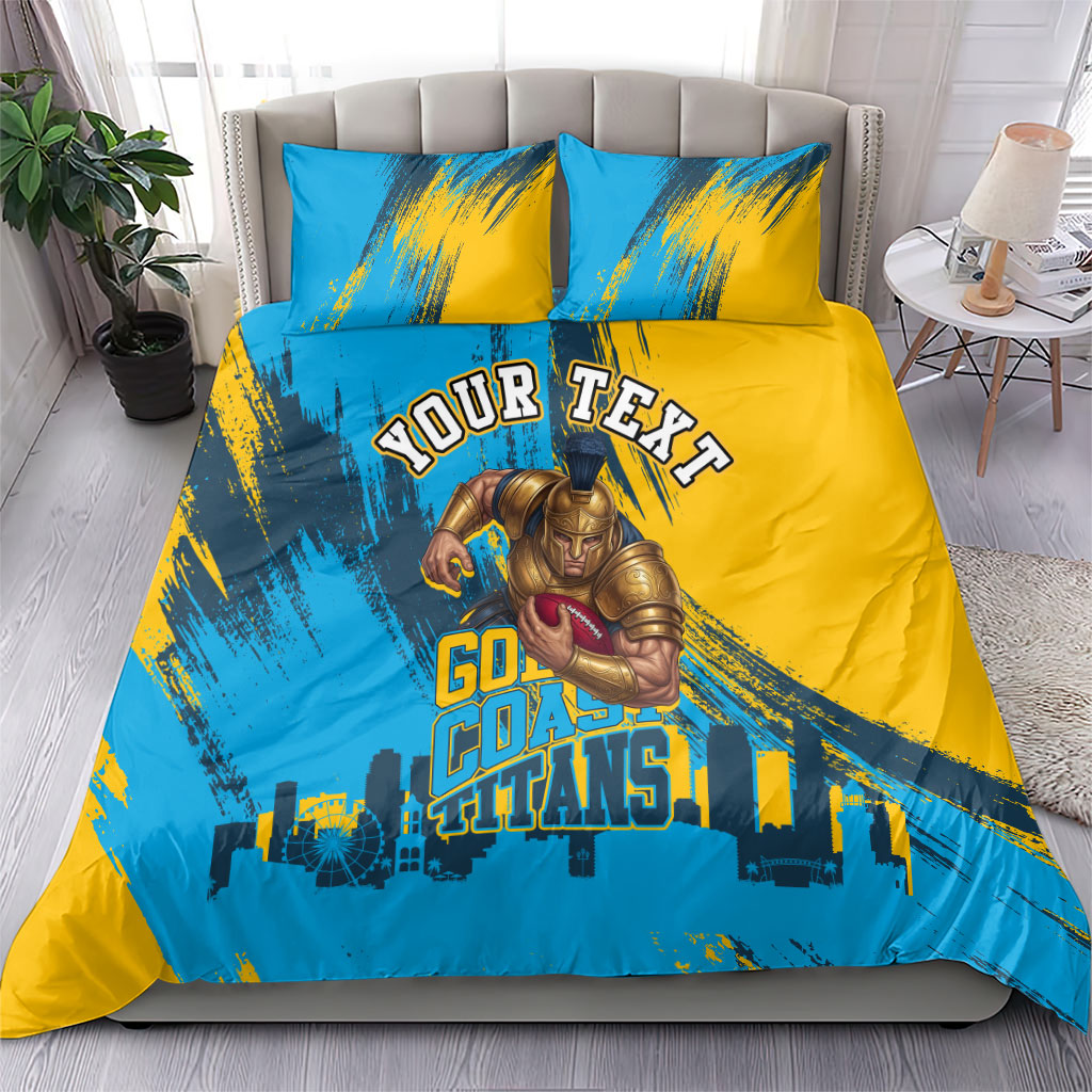 Personalised Gold Coast Titans Rugby Bedding Set Muscular Titan Mascot City Skyline Graphic