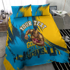 Personalised Gold Coast Titans Rugby Bedding Set Muscular Titan Mascot City Skyline Graphic