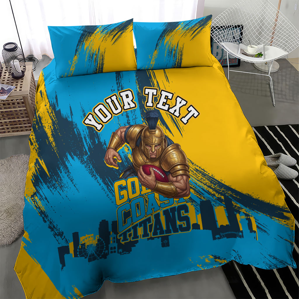 Personalised Gold Coast Titans Rugby Bedding Set Muscular Titan Mascot City Skyline Graphic