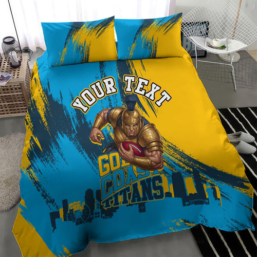 Personalised Gold Coast Titans Rugby Bedding Set Muscular Titan Mascot City Skyline Graphic